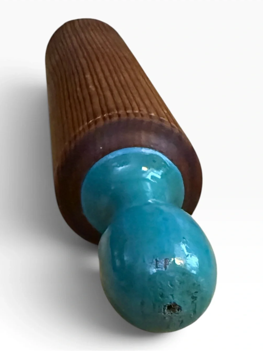 Vintage Wood Rolling Pin Featuring Painted  Teal Handles